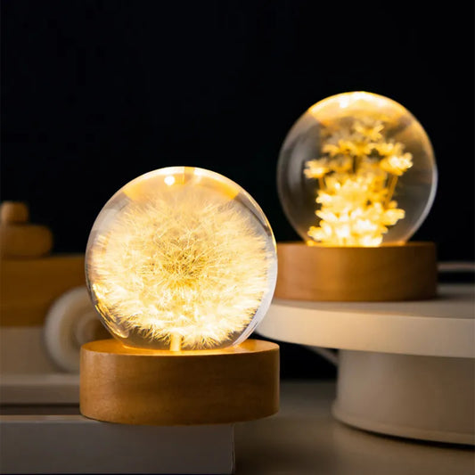 Boule de cristal 3D lumineuse sur socle en bois